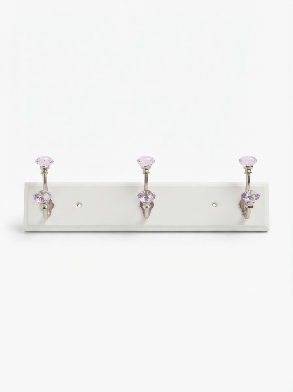 White Wall Hook Rack with Lavender Crystal Knobs